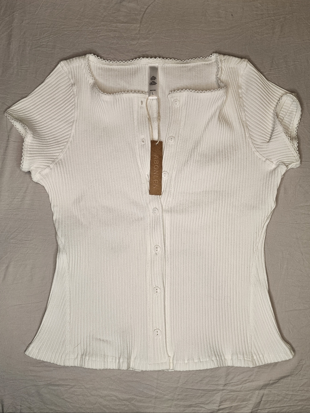 ABONLEN White Ribbed Button Front Top Women’s Size L – NWT